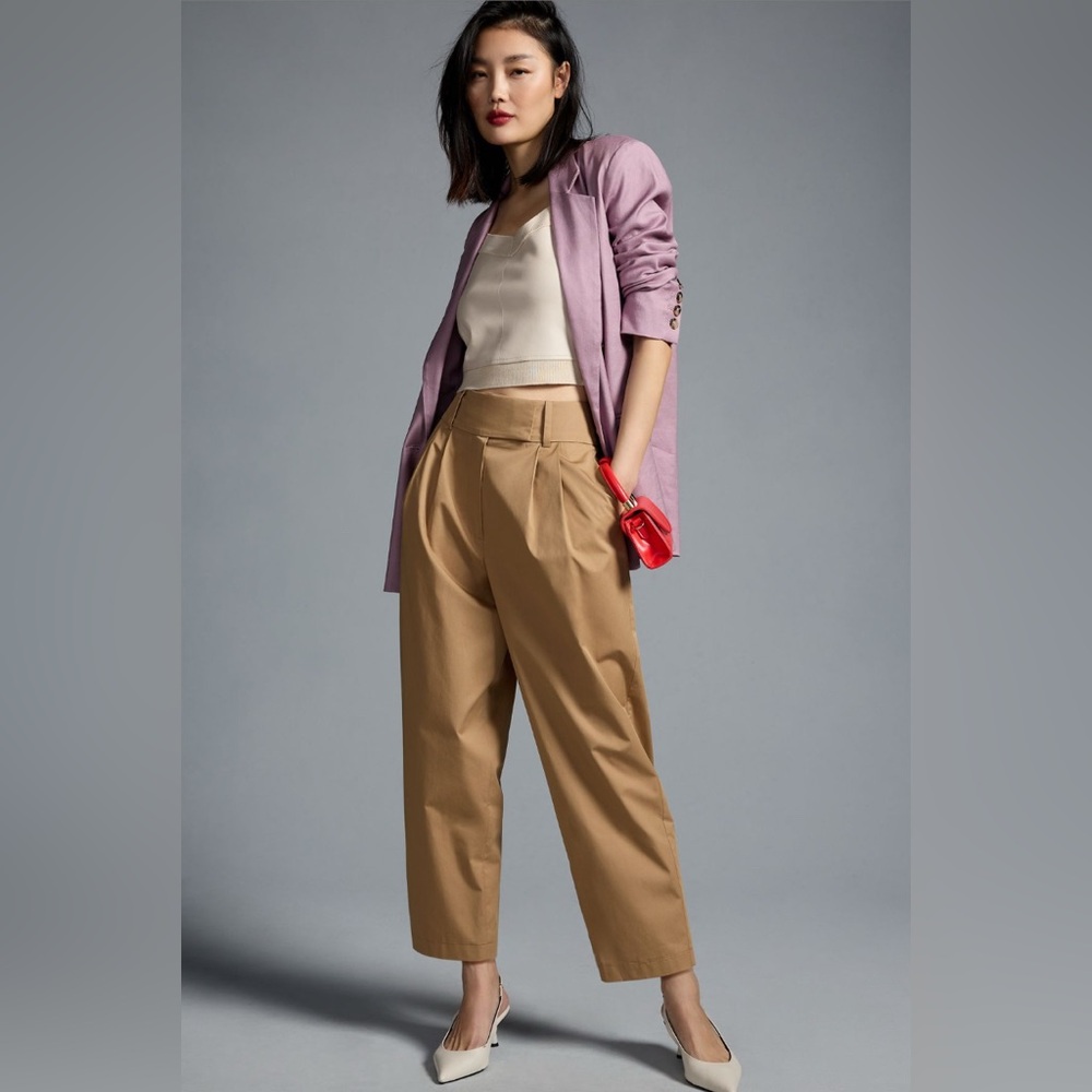 Exquise- Women's Barrel-Leg Chino Pants, High Waist - Size‎ Small - Khaki